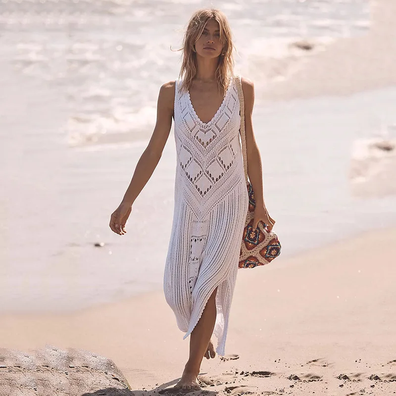 2022 Summer handmade knitted vacation crochet  beach dress white woman crochet dress