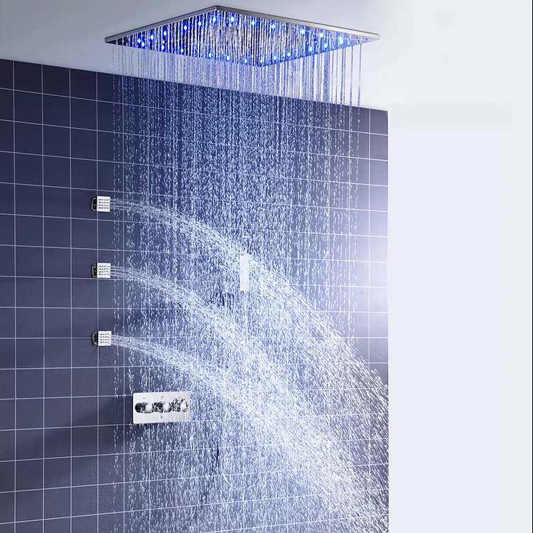 Bathroom shower head set thermostatic 3 handle led ceiling rain shower set with shower body jet