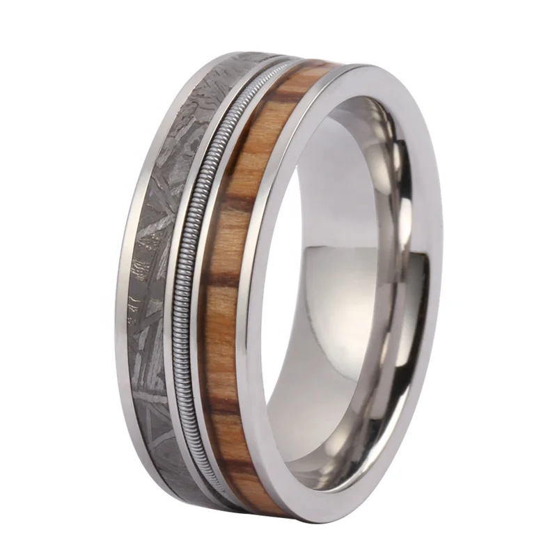 TIZTI Ring Jewelry 8mm Stainless Steel ring Muonionalusta Meteorite and Koa Wood inlay Tungsten Men rings