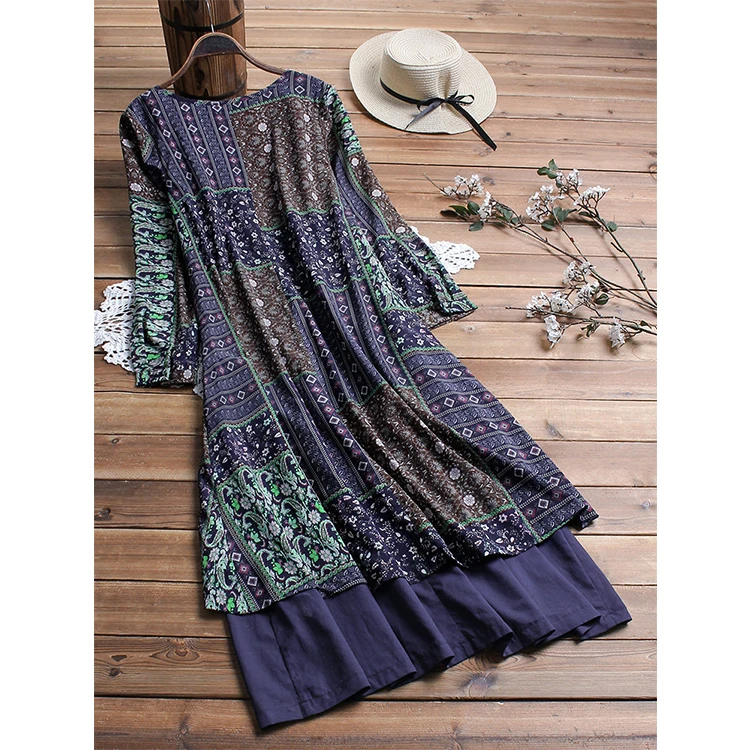 Ladies Casual Dress Light Green Floral Patchwork Layered Linen Blend Midi Long Floral Dress
