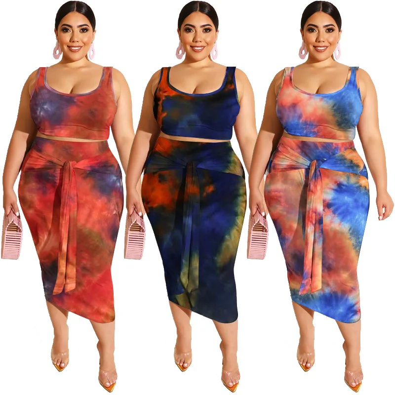 2022 tie dye 2 piece sets women clothing plus size two piece skirt set