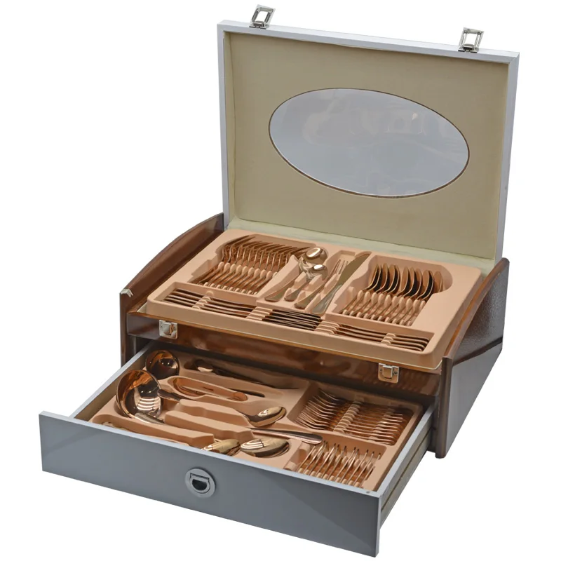 Titanium PVD 72 Pieces Stainless Steel Cutlery Sets With Wooden Package Service For 12 Person