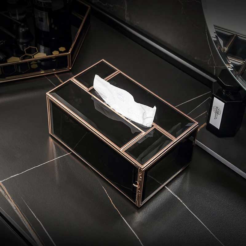 Vanity Rectangle Black Glass Tissue Box Large Capacity Apply to Bathroom Bedroom Side Door Design