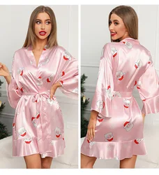 Christmas Satin Silk Nightgown Robe Sleepwear Pajamas for Women