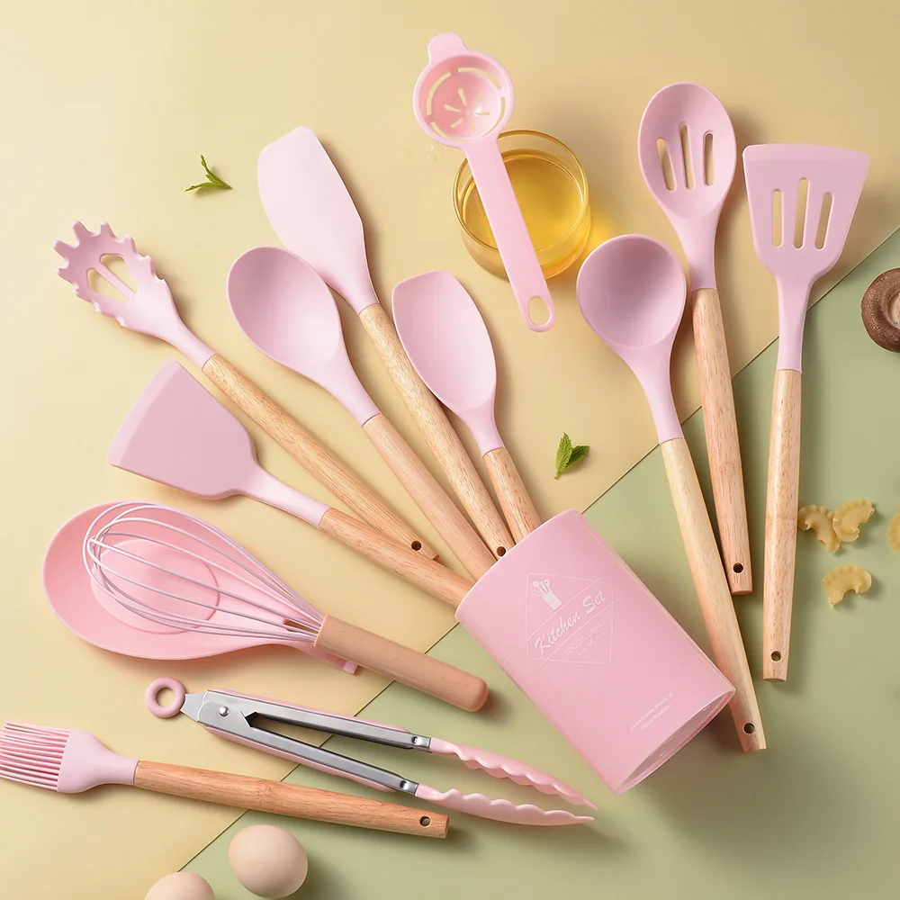 Kitchen Appliances Accessories Cookware Sets Cooking Tool Silicone Kitchen Utensils Set With Wooden Handle For Cooking