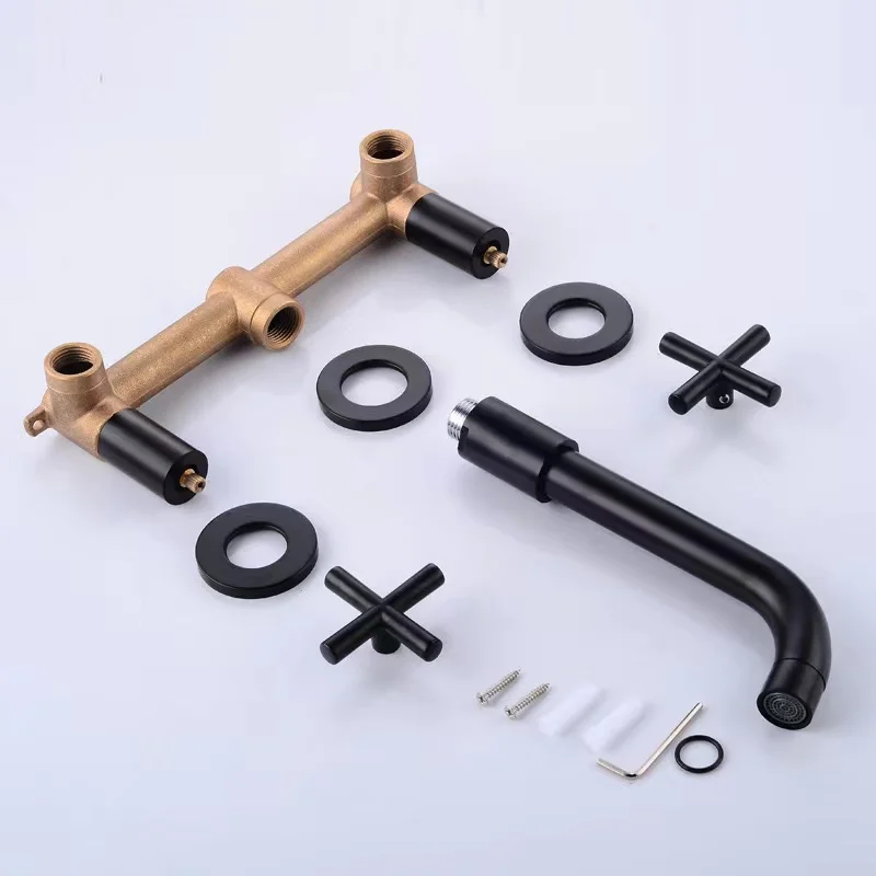 Luxury Europe Matte Black Dual Handle Wall Mounted Washroom Sink Tap Brass Hot Cold Mixer Basin Faucet
