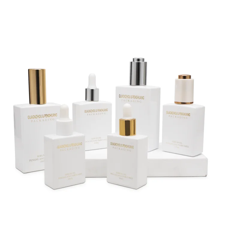 Luxury white painting 30ml 50ml 100ml Cosmetic Packaging square Essential Oil  Glass Dropper Bottles with Pipette pump cap