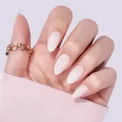 30Pcs Glossy White Artificial Fingernails Fake Nails WIth Glue Solid False Nails OL Style Almond Press on Nails