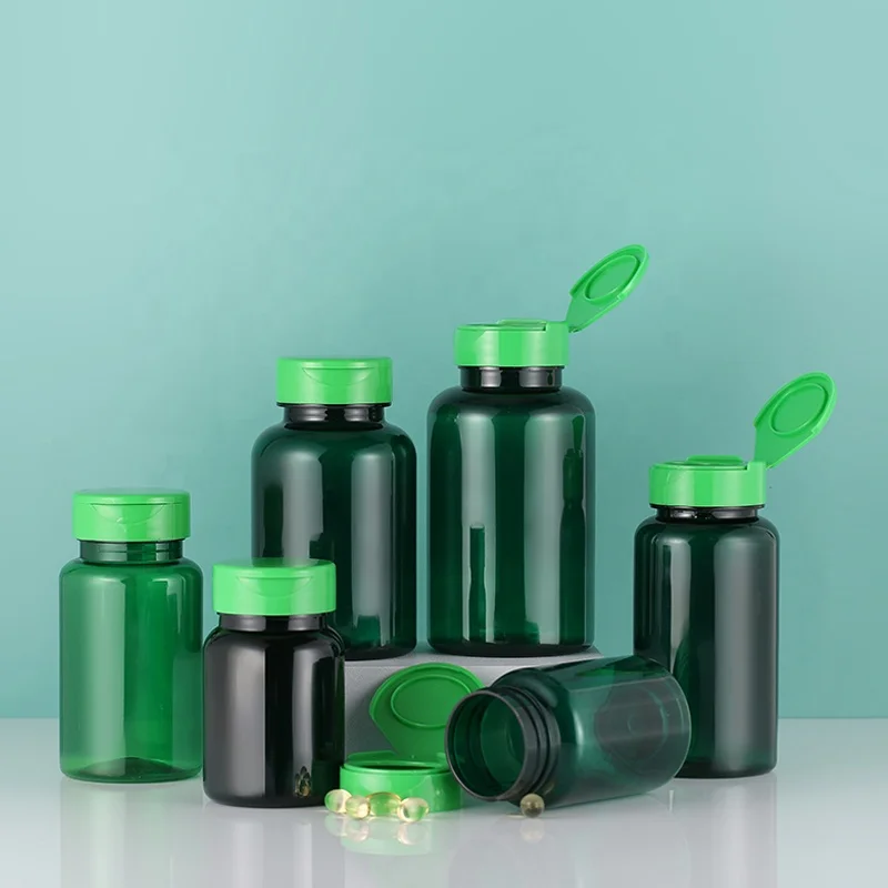 CUSTOM Dark Green Plastic Empty Refillable Bottles For Pill Tablet Vitamin Jar Salts Green Protection Cap Packaging Capsules