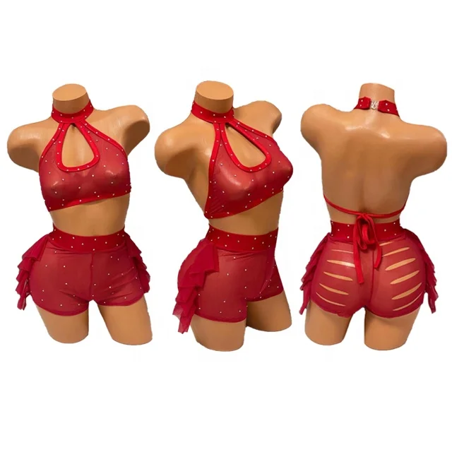 Wholesale Red Rhinestone Gauze Exotic Dance Wear Factory Production Stripper Outfits