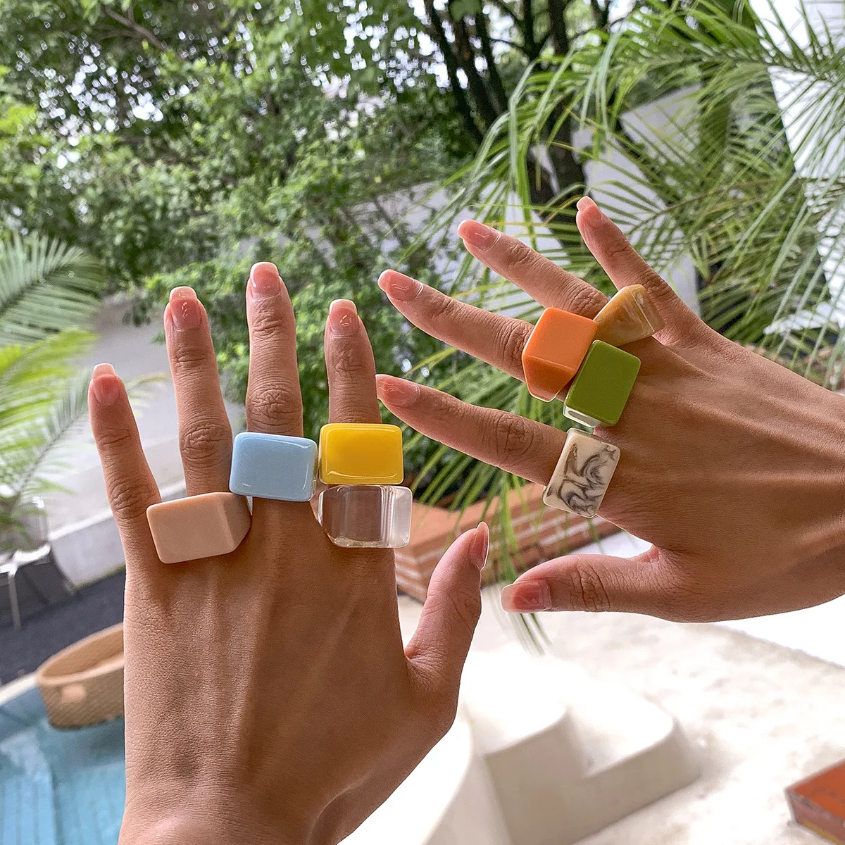 Exaggerated Trendy Party Candy Color Square Resin Acrylic Plastic Rings Colorful Geometric Chunky Ring