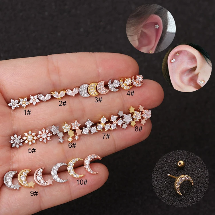 2020 stainless steel conch helix tragus ear piercing stud dainty moon micro pave cubic zirconia daith piercing earrings jewelry