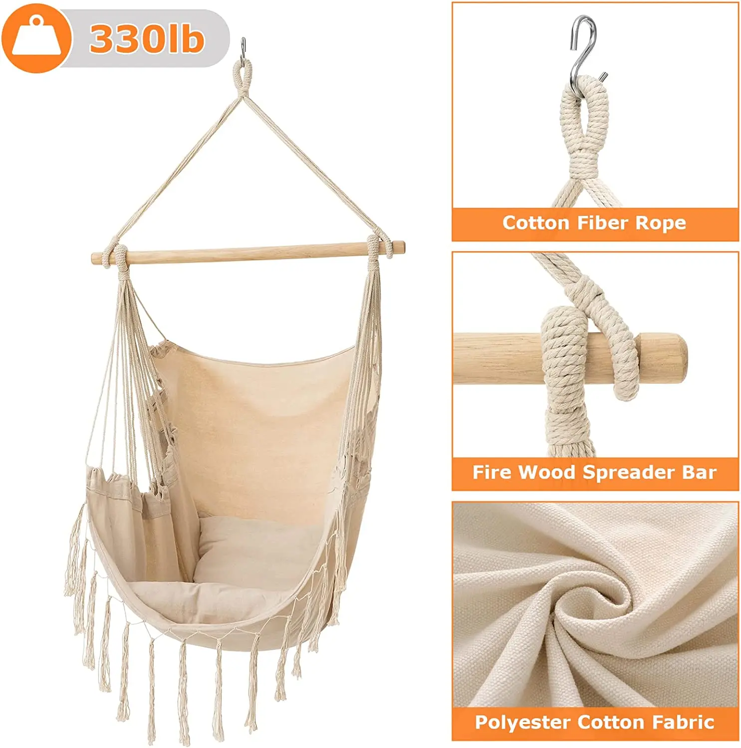 Outdoor Furniture Modern Swing Chair With Wooden For Garden Hanging Chair With Rope For Adult Have Tassel And Cotton Fabric