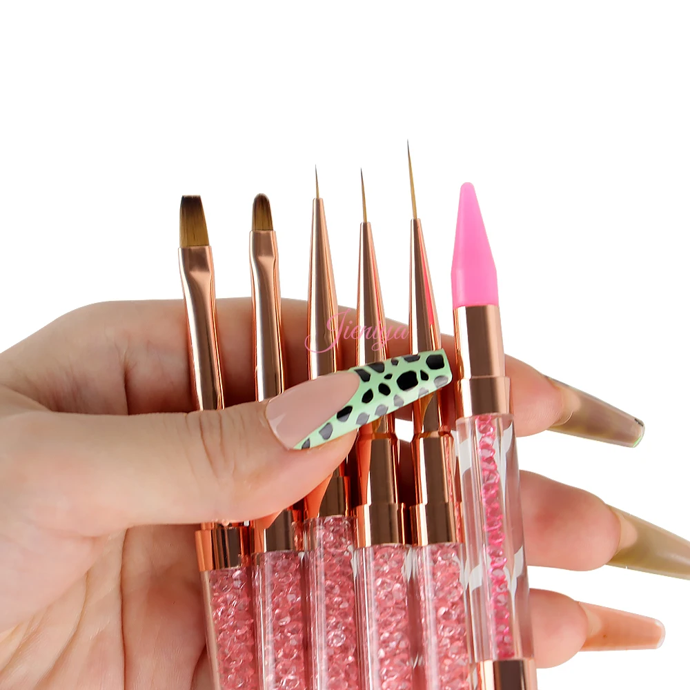 Jieniya Custom logo pink Rhinestones handle Kolinsky/nylon Hair 2 in 1 dual end Nails Tools Nail Art Brushes set