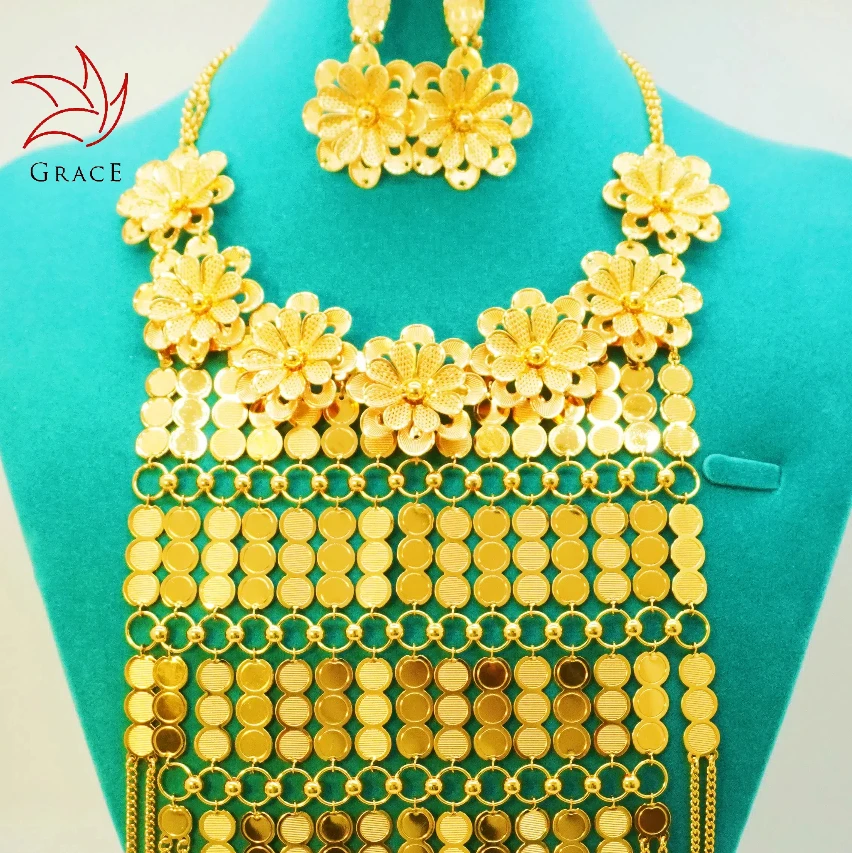 Grace Gothic Jewelry Flower Wedding Jewelry sets Wholesale Vintage jewelry Suppliers Nigerian Dubai gold Necklace Sets for Party