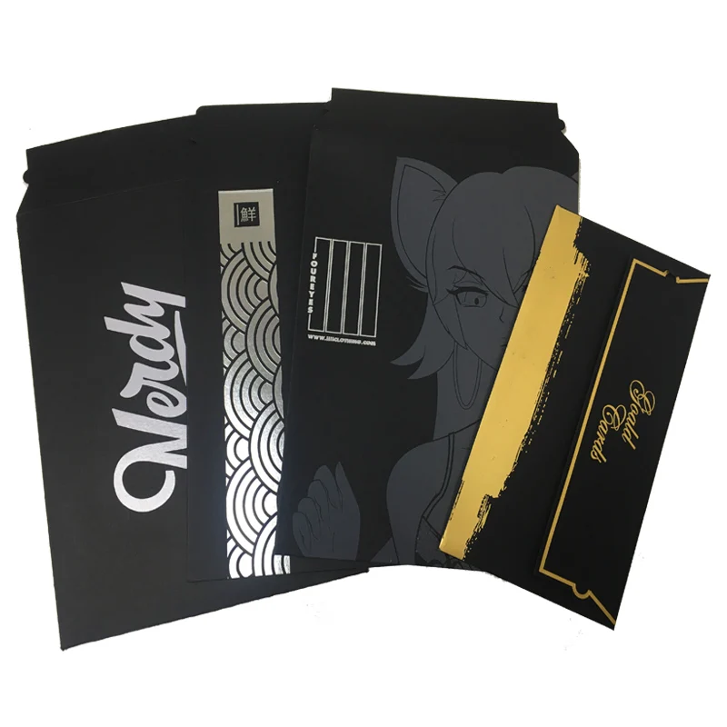 silver glod hot foil stamp logo printed hard cardboard black paper mailer ecommerce packaging custom black envelope