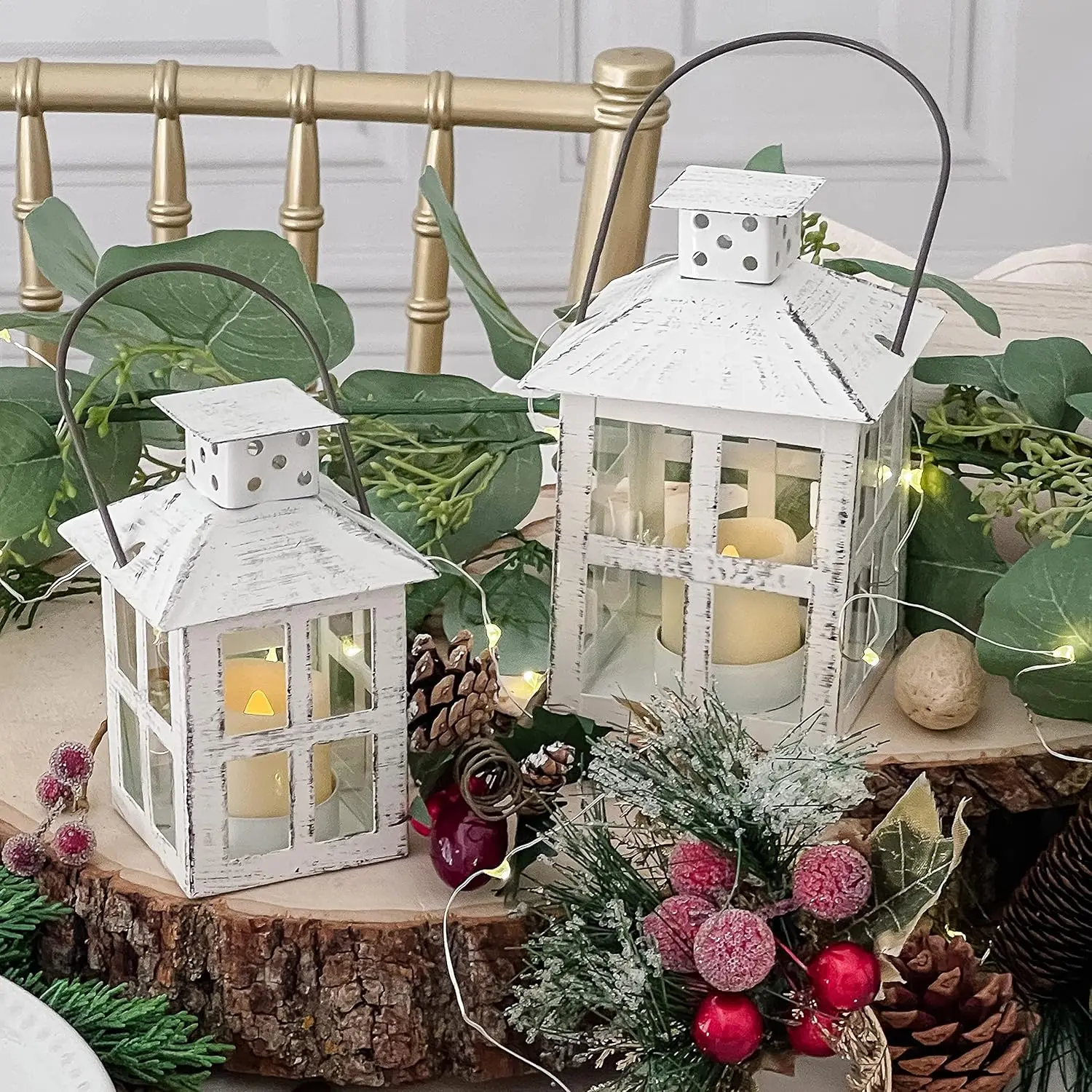 Handmade 5-Inch Farmhouse White Wood Candle Holder Wedding Decorative Metal Lantern for Table Centerpiece or Home Shelf Decor