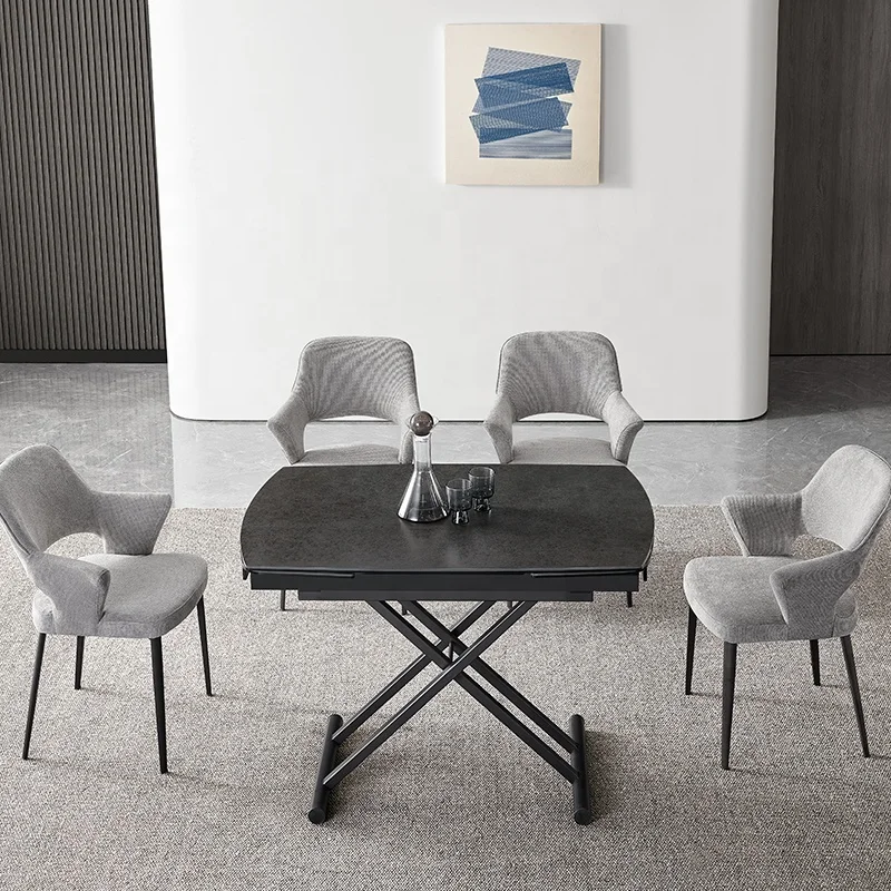 Luxury modern retractable marble top dining table with foldable aluminum table leg lift table adjustable extendable dinning