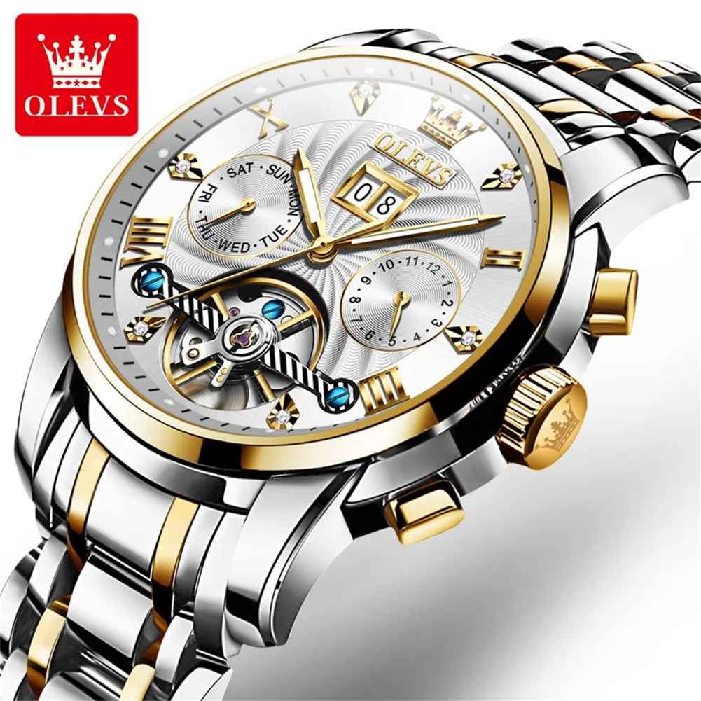 Olevs 9910 sports automatic tourbillon slef wind luxury waterproof metal classic cool stainless steel luminous Date Men Watch
