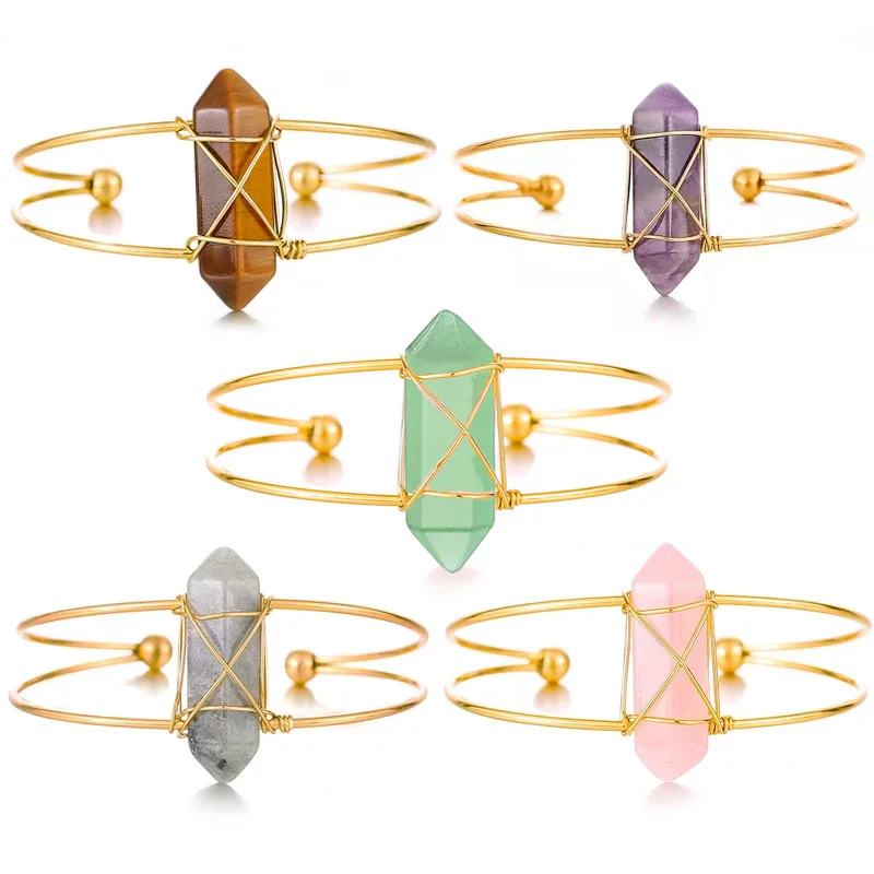 Natural Crystal Hexagonal Column Bracelet Crystal Bullet Copper Wire Winding Open Adjustable Bracelet