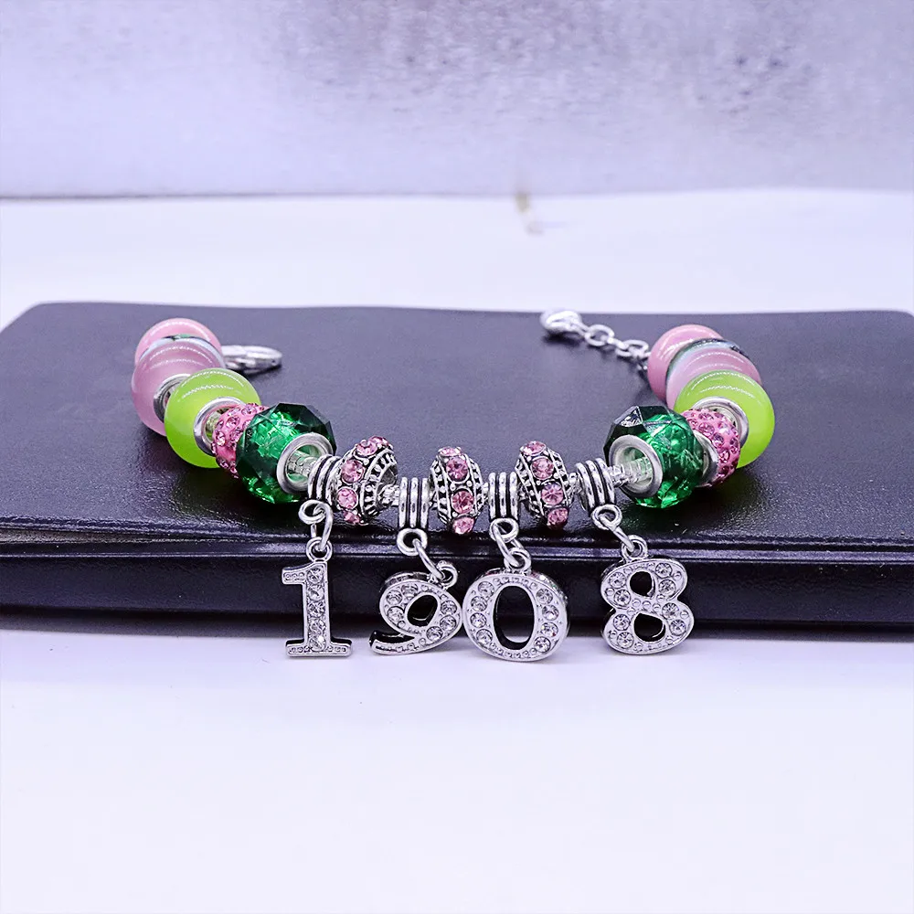 Stylish Pink And Green Stone Greek Alpha Symbol Founding Year 1908 Charms Decorated Luxury Beaded Adjustable Soror Bracelet