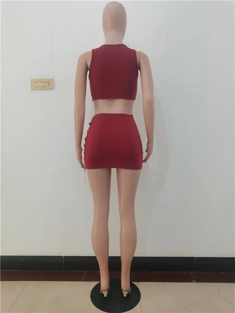 Summer 2021 New Women Fashion Sexy Bandage Chain Crop Top And Mini Skirts Two Piece Set Outfits