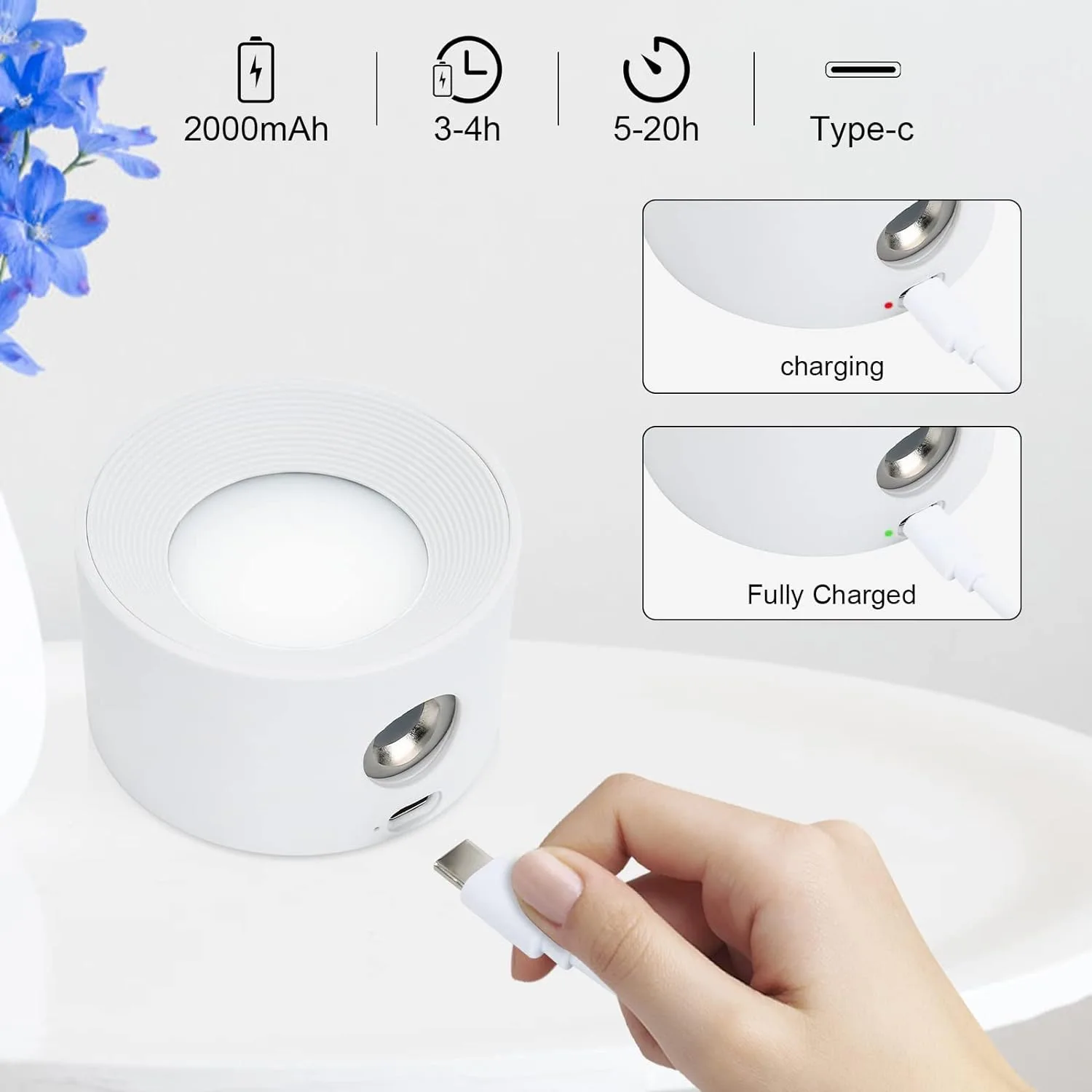 Cordless USB Rechargeable LED Wall Sconce ABS Magnetic Ball Lighting 3 Brightness Levels Touch Control Bedroom Battery Operated