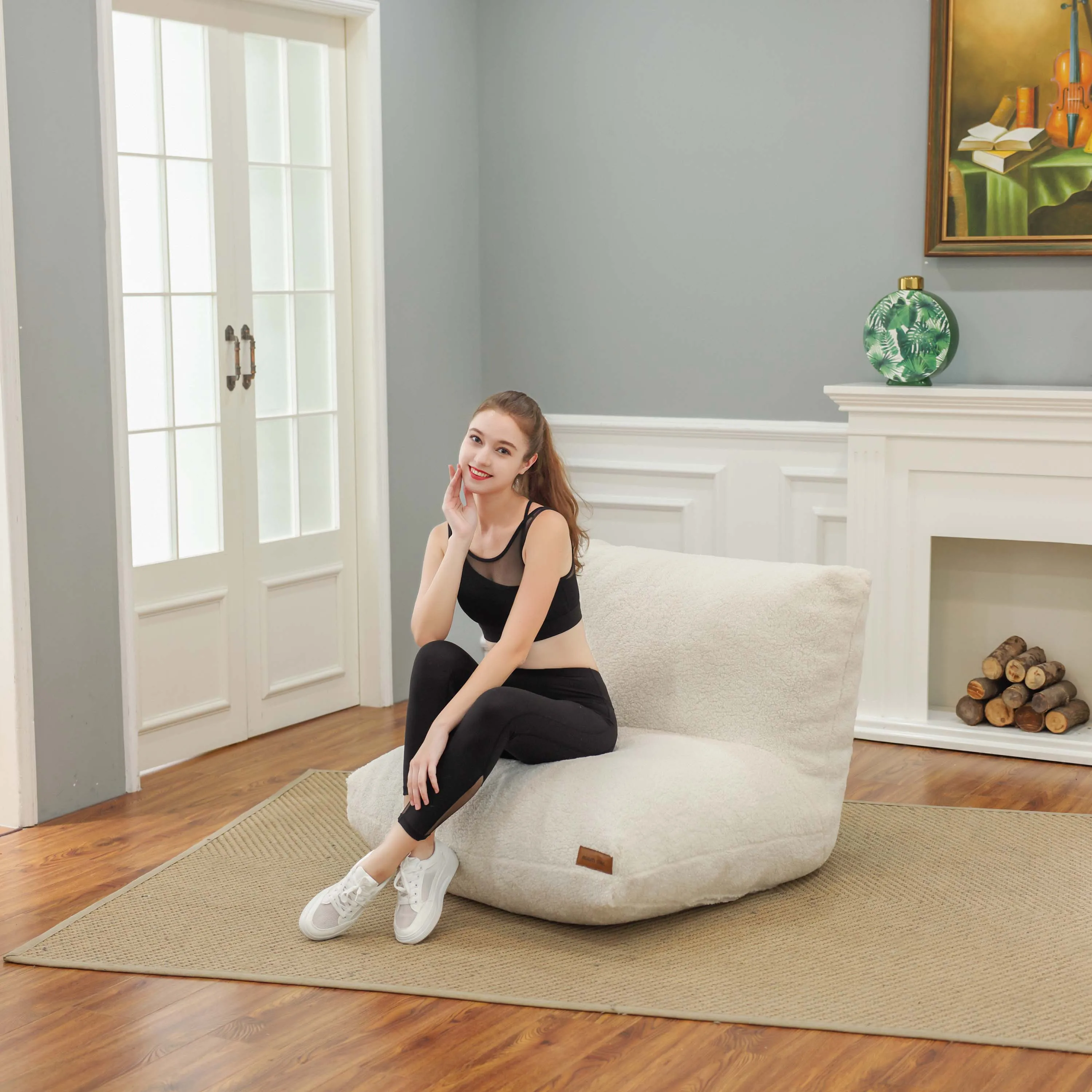 Japanese Style Tatami Living Room Bean Bag Sofa Soft Skin-friendly White Sherpa Fabric Bean Bag Chair with Strong Back Rest