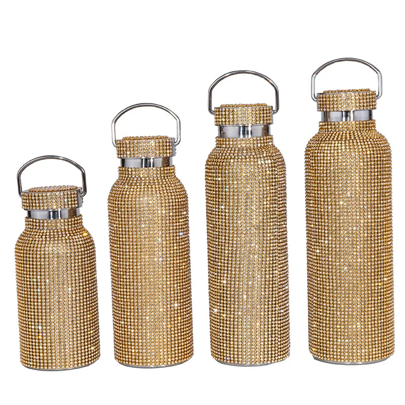 Luxury Diamond Water Bottle with Back Chain Wide Mouth 304 Stainless Steel 24oz 32oz Thermal Crystal Glitter Bling Water Bottles