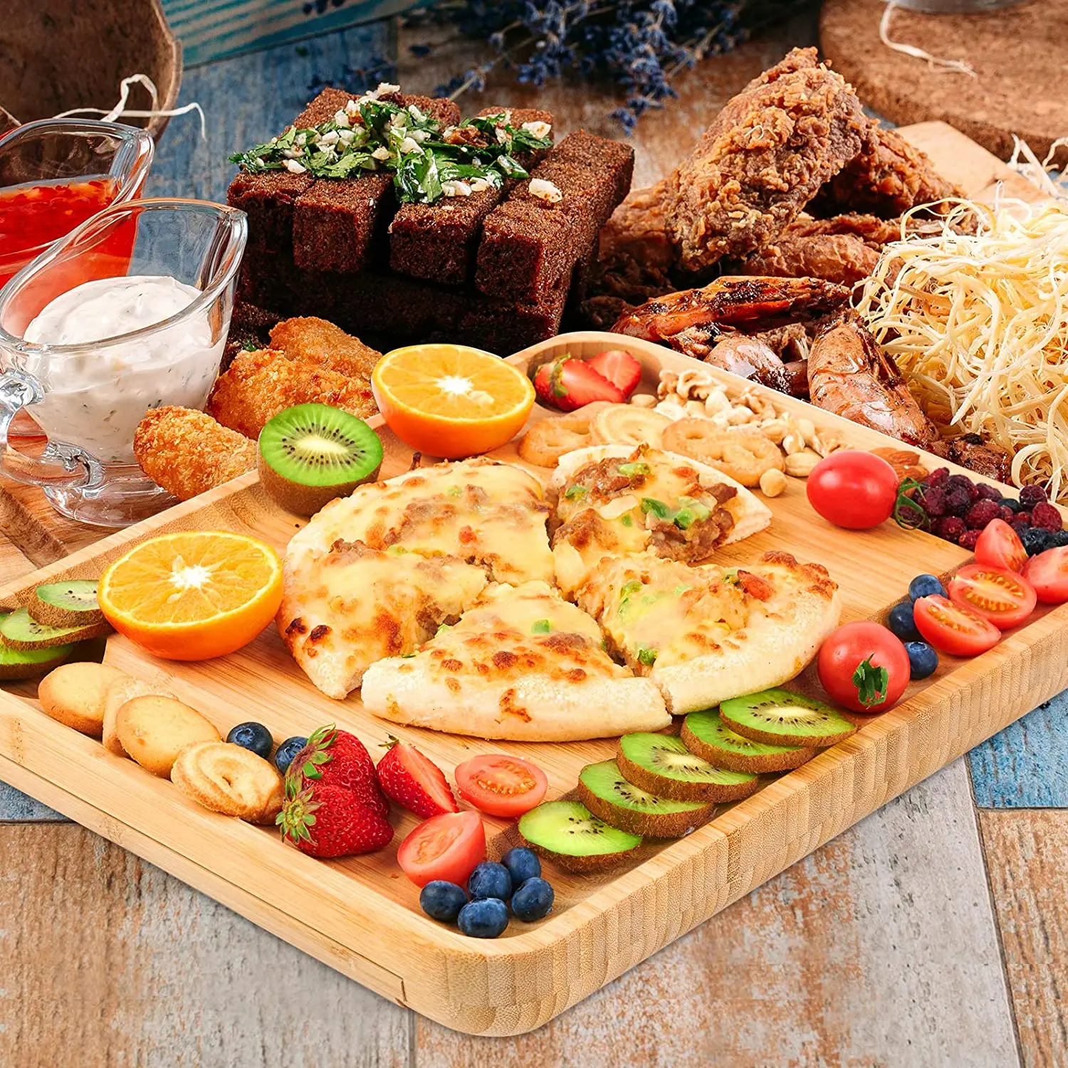 Charcuterie Platter & Serving Tray, Bamboo Cheese Board & Cutlery Set with 2 Slide-Out Drawers and  Knives