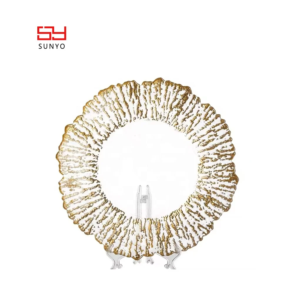 Hot Sale Luxury Vintage Cheap 13inch Reef Gold Electroplating Glass Dinner Plates