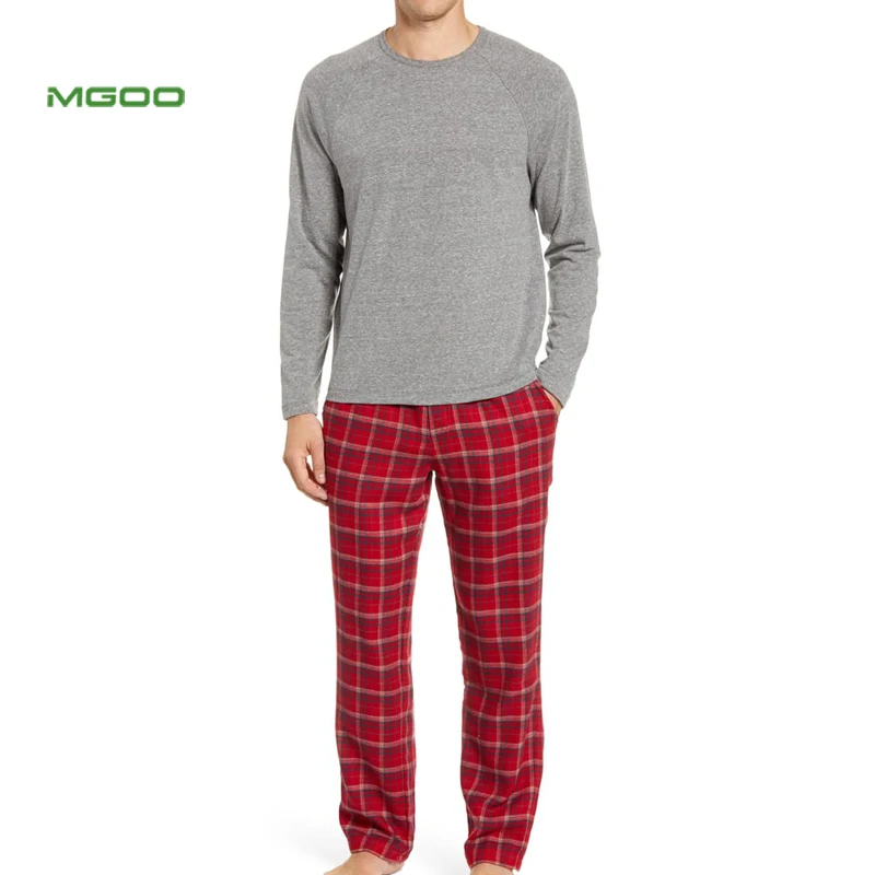 
MGOO Custom Long Sleeve Soft Cotton Crew Neck Men Black Pajama Set with Plaid Pants 