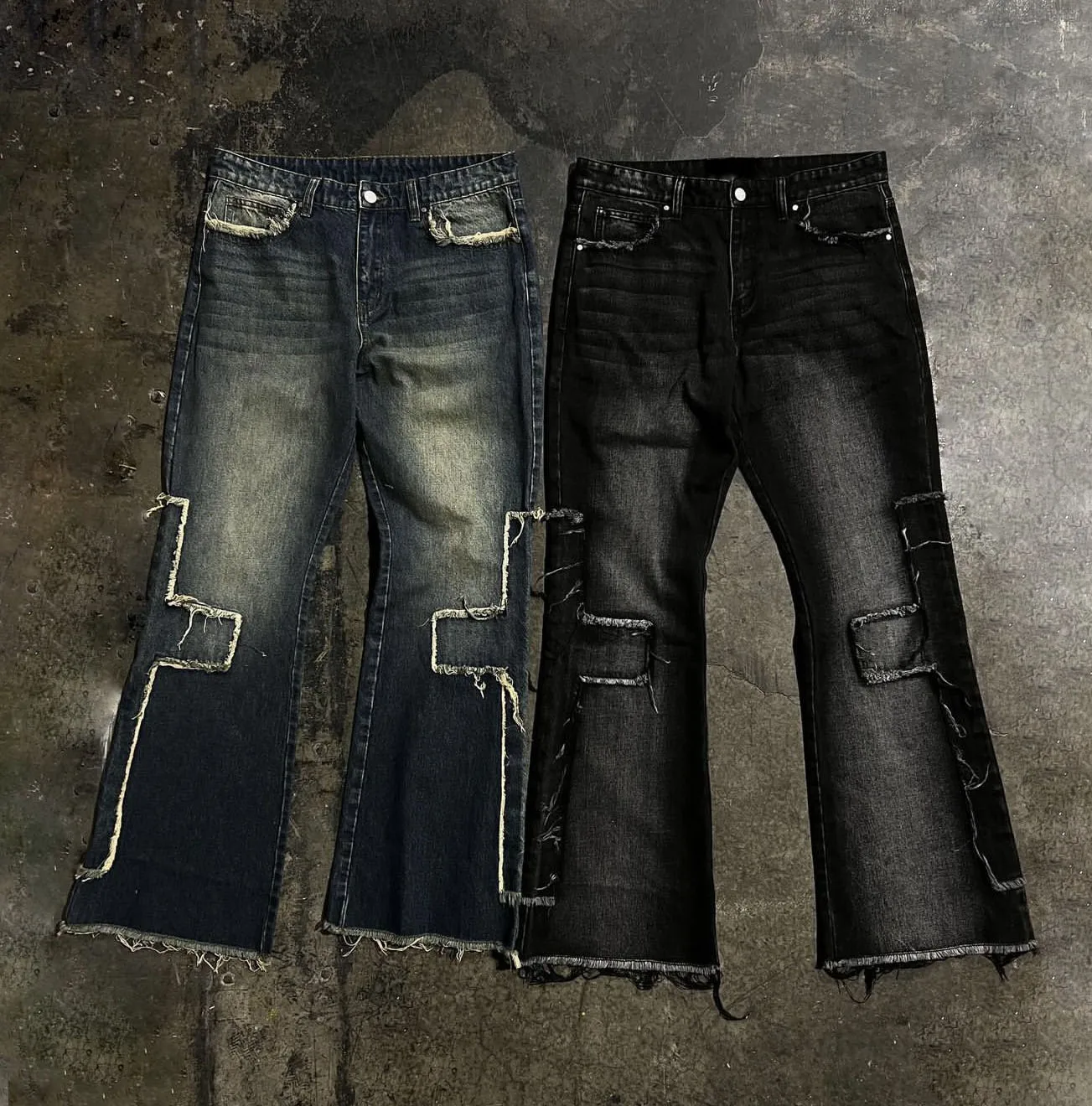 Custom distressed embroidery acid wash street wear oversized baggy vintage flared denim jeans for men