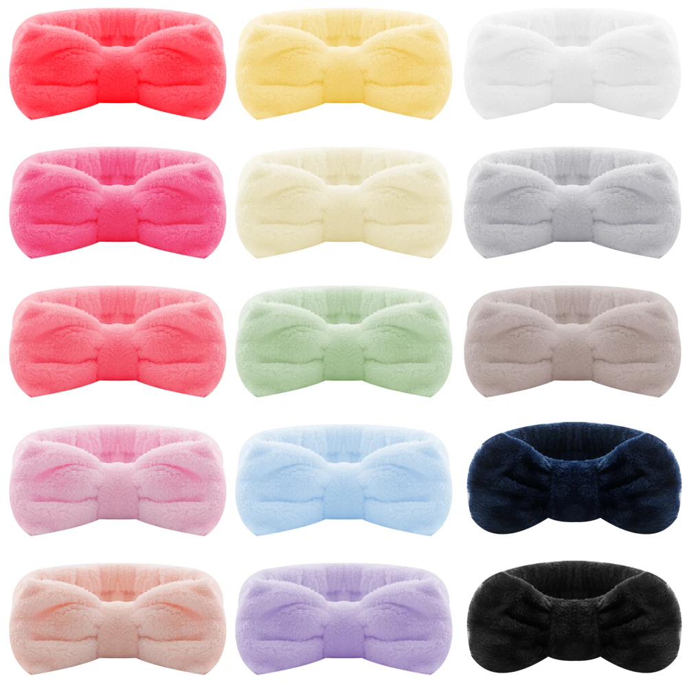 SC28227 Soft Solid Color Face Makeup Hair Bands Shower Coral Fleece Elastic Headwraps Women Bow Facial Fluffy Spa Headband