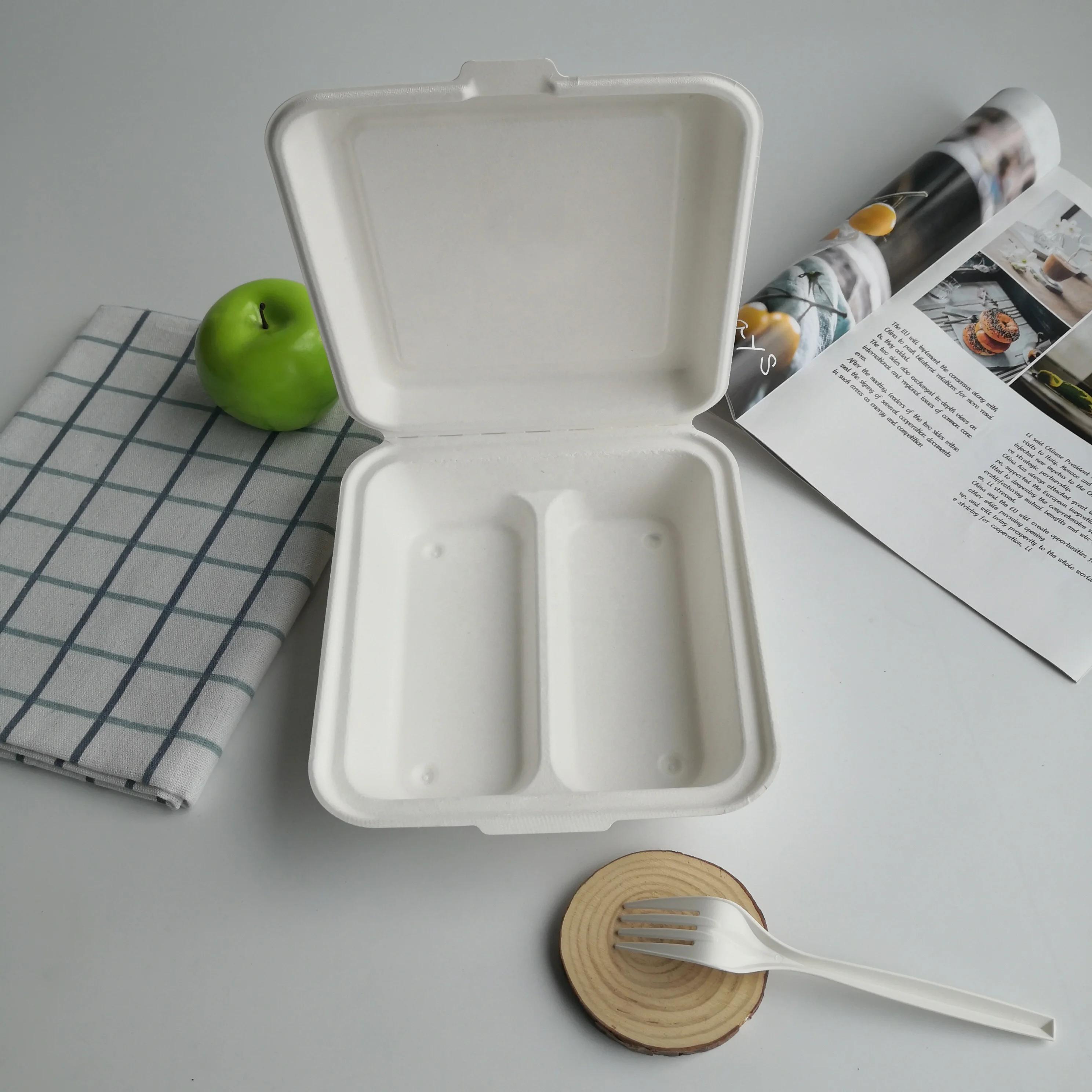 8Inch Sugarcane 2 Compartment Disposable Lunch Box With Compartment And Bagasse Single Compartment Food Container With Lid