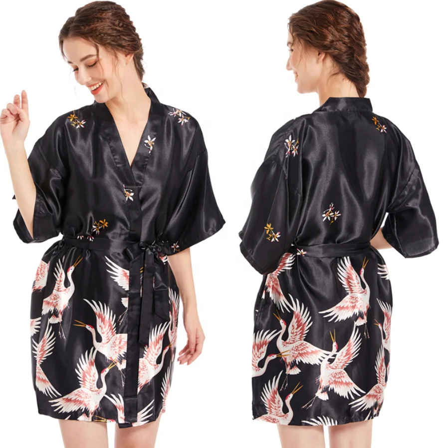 Wholesale Lady Ice Silk Sleepwear Summer Sexy V Neck Long Robe Wedding Morning Gown Home Dressing Floral Bathrobe for Women