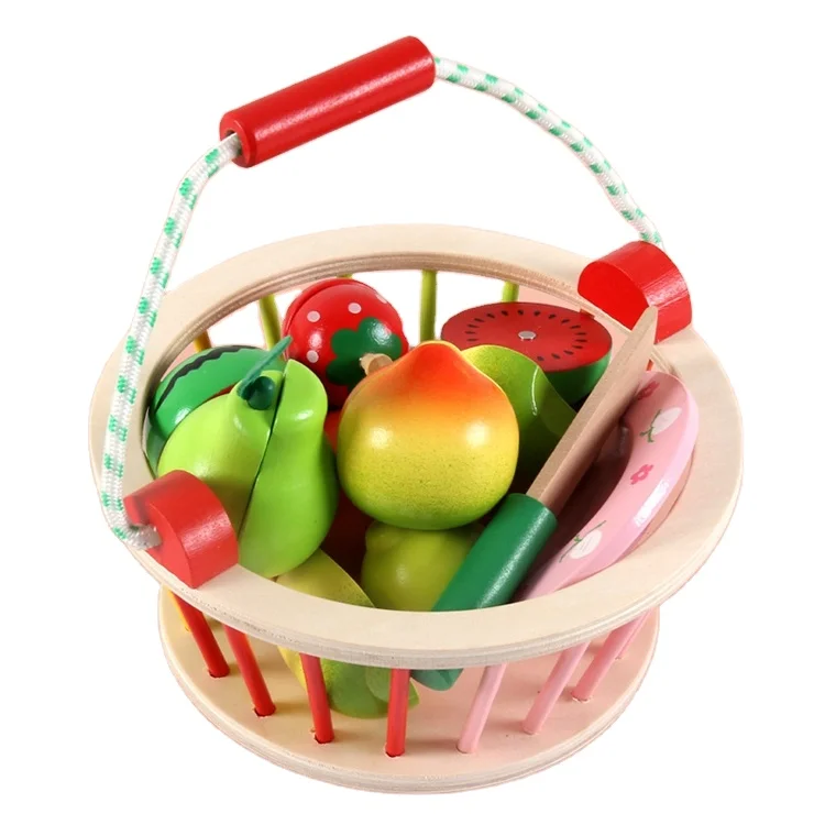 QINGTANG CRAFTS simulation magnetic food Fruit Vegetables Toy wooden cutting toy with market