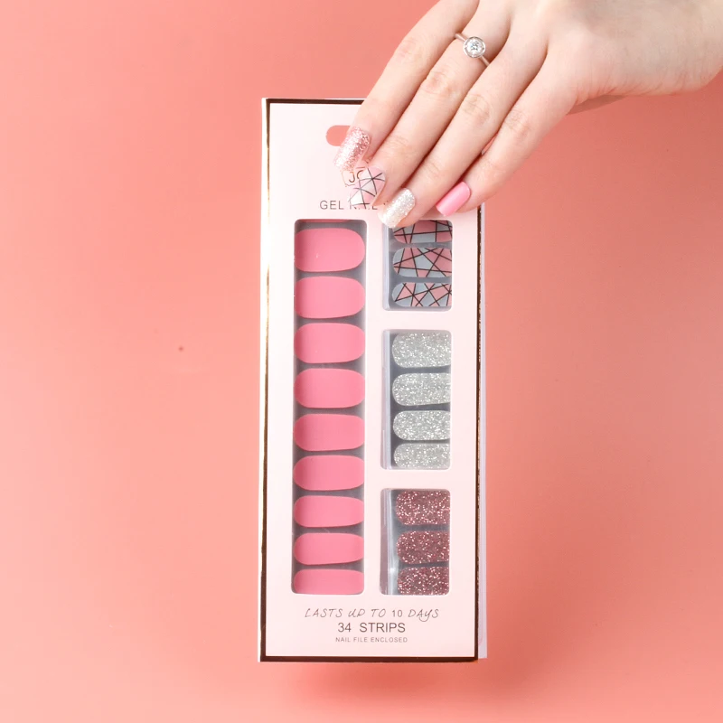 JOYME 34pcs high quality double ended nail wraps non toxic gold silver glitter jamberry nail gel strips for woman