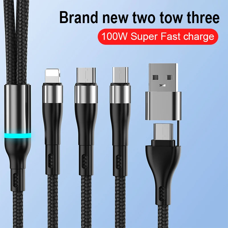High Quality Nylon Braided 66W 100W 3 in 1 Charging Data Cable Micro USB Type C 5A Fast Charging Cable For Cell Phones