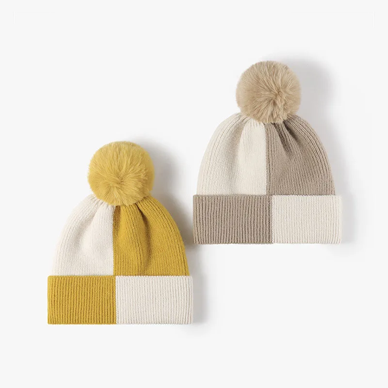 New 2023 Winter Popular Women Men Checker Pattern Beanie Thicken Ribbed Hat Fashion Toques Custom knitting plaid pom pom beanie