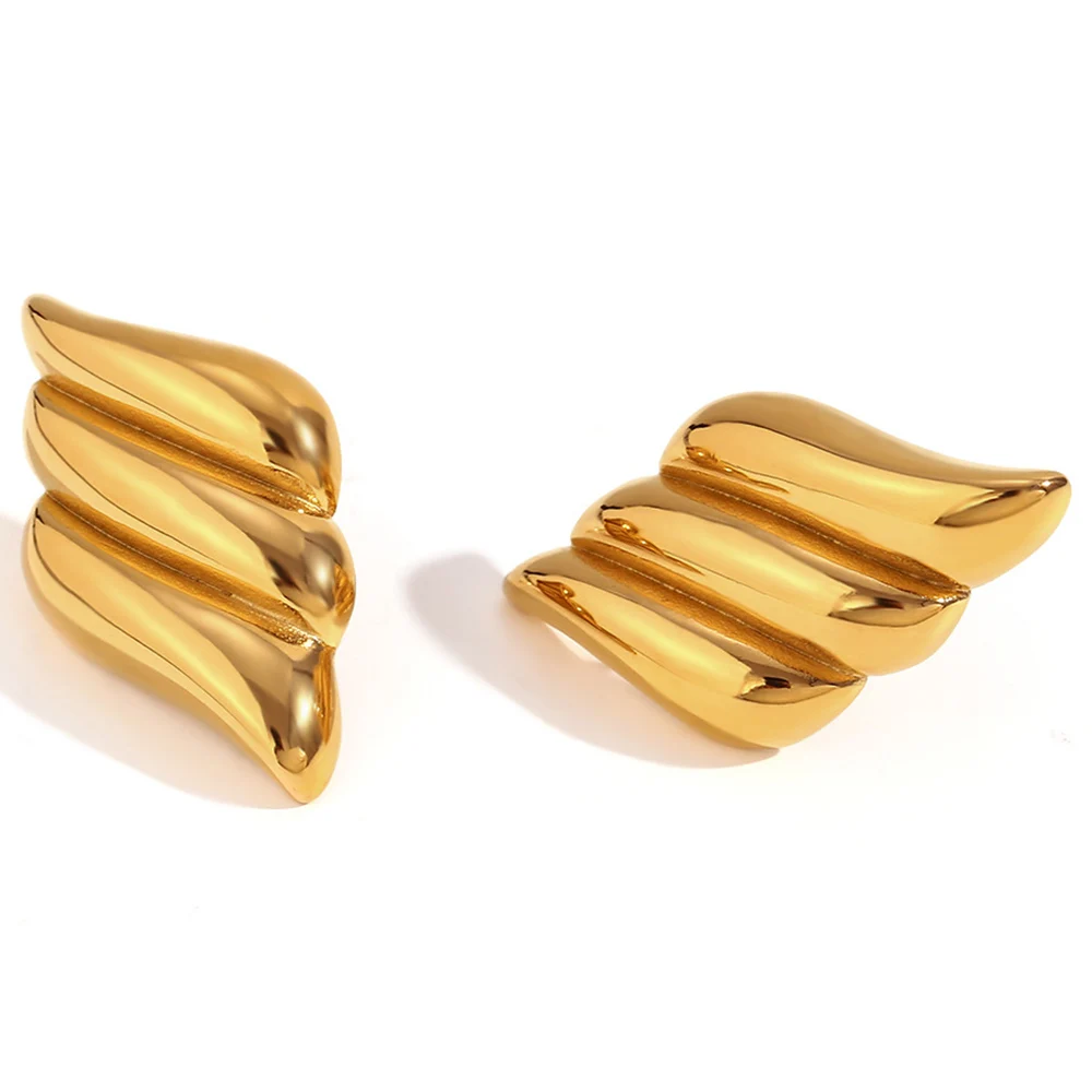 Classic Metal Striped Earrings 18K PVD Gold Plated Stainless Steel Three Layer Wing Drop Earrings Fashion Jewelry For Women