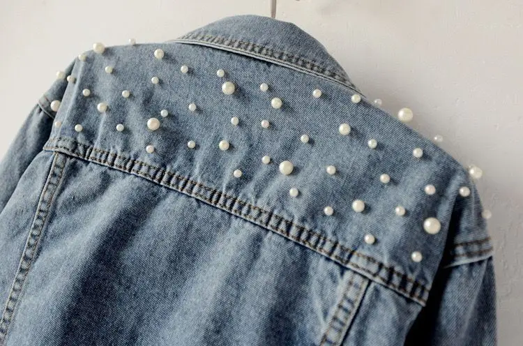 SP2948A  Spring Fall Pearl Beading Jeans Coat  Women Denim Jacket