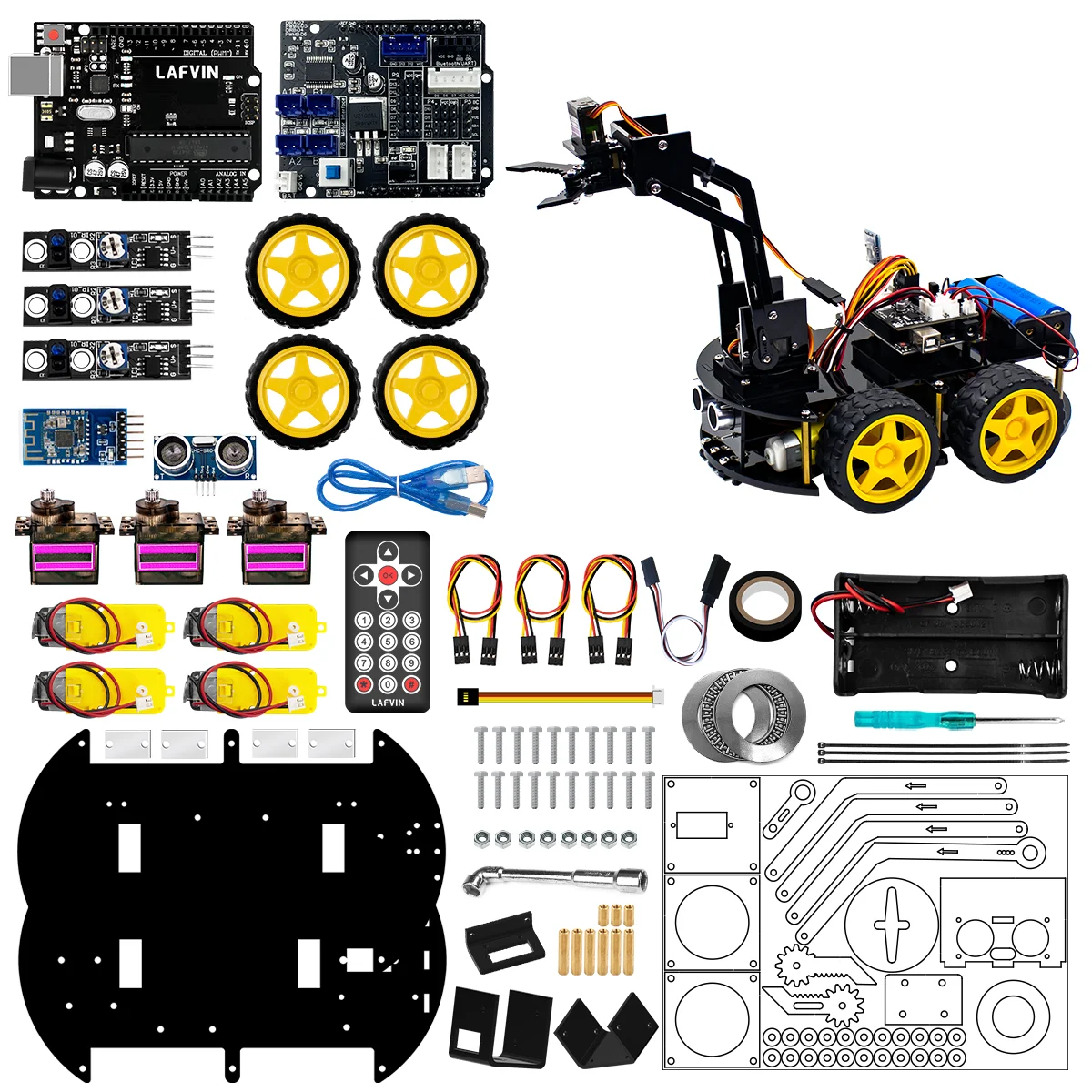 LAFVIN DIY Programming 4DOF Mechanical Robot Arm 4WD Car Learning Kit for Student Arduino Robotic Kits