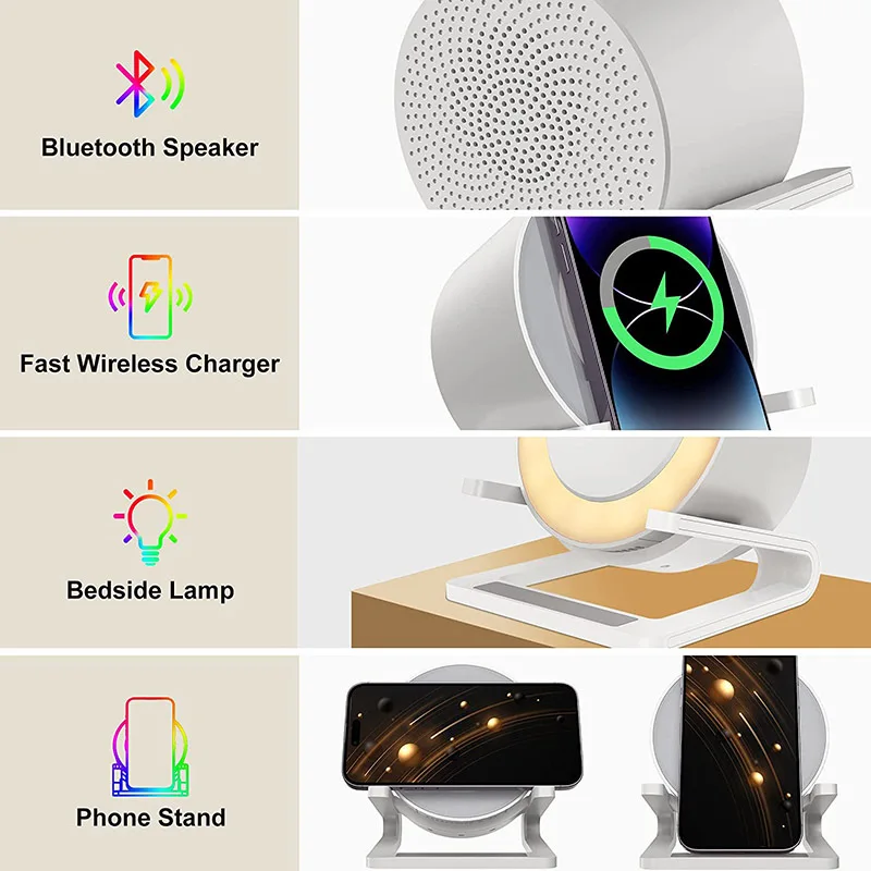 15 W Wireless Charger with Bluetuth Speaker and Night Light Induction Wireless Chargers with 5 RGB Touch Dimmable Bedside Lamp