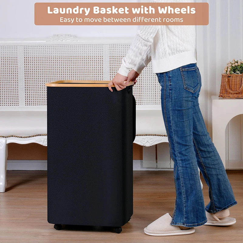 Wholesales Custom Logo Large Capacity Oxford Canvas Bamboo Ring Capacity Basket Collapsible Laundry Baskets With Wheels