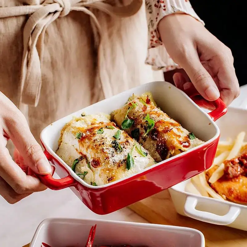 Nordic rectangular baking dish Ceramic plate Dinner plate Oven Baking dish with household cheese baked rice bowl