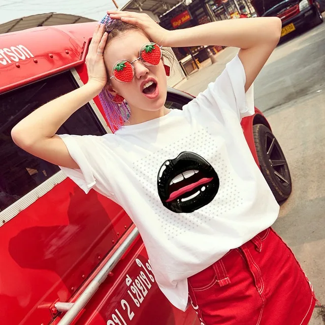 
Women O-Neck Short Sleeve Top Tee Red Lips Printed T Shirts 