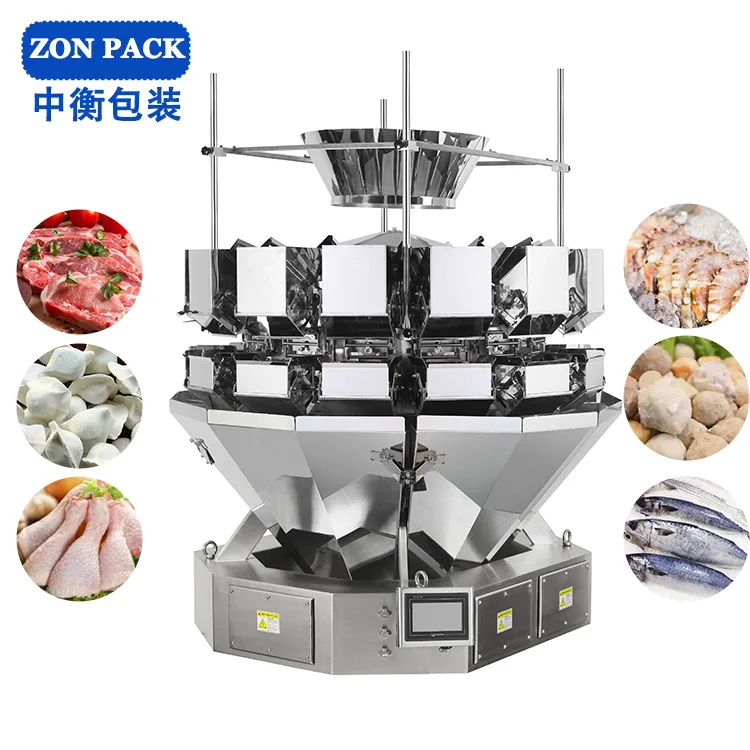 ZONPACK automatic multi head weigher frozen food packaging machine with fish shrimp weighing scales