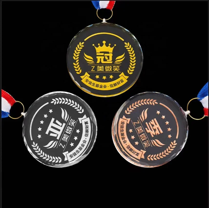 High Quality Sports competitions Medals Personalized Custom Glass trophy award Souvenir Gold silver bronze Crystal Medal