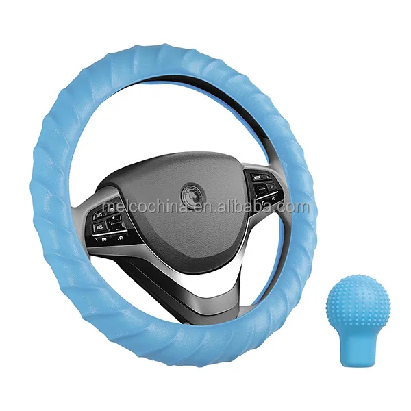 MELCO Car Shift Gear Head Knob Blue Silicone Cover Handbrake Hand Brake Covers Sleeve Case Steering Wheel Cover 2pc/set